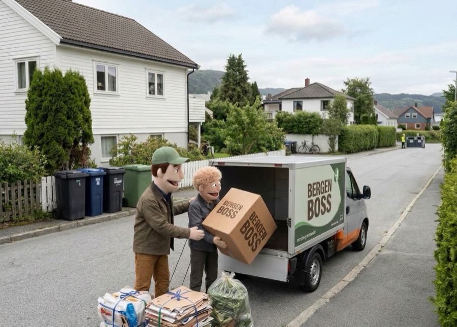 Bergen Boss henter boss og avfall utenfor et hus i Bergen